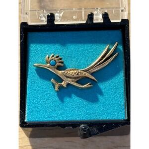 Vintage JJ Jonette Jewelry Roadrunner Lapel Pin Tie Tack Gold Tone Turquoise Eye